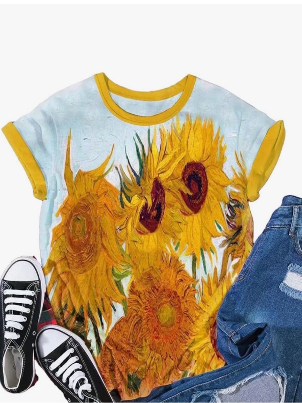 Picasso sunflower Amazon White Ringer Tee with Yellow Sunflower Graphic